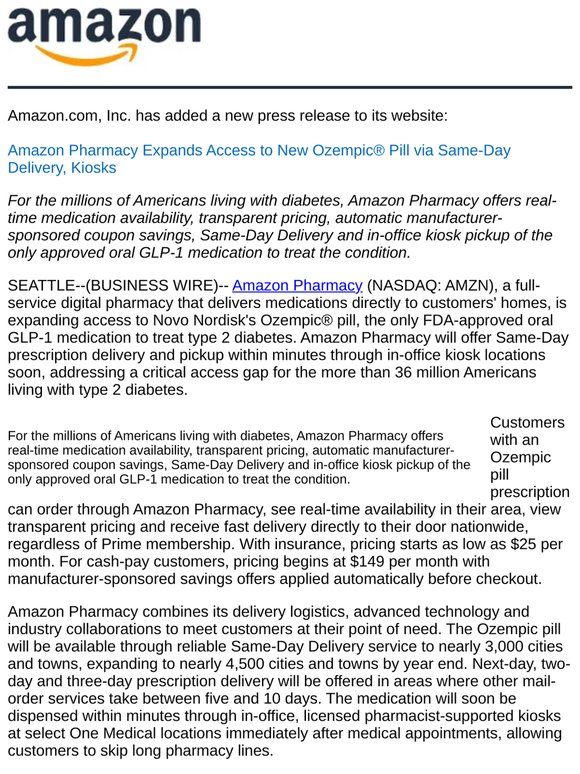 Amazon - Amazon Pharmacy Expands Access to New Ozempic® Pill via Same-Day Delivery, Kiosks