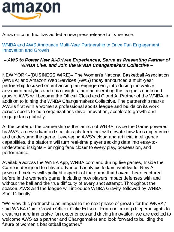 Amazon - WNBA and AWS Announce Multi-Year Partnership to Drive Fan Engagement, Innovation and Growth