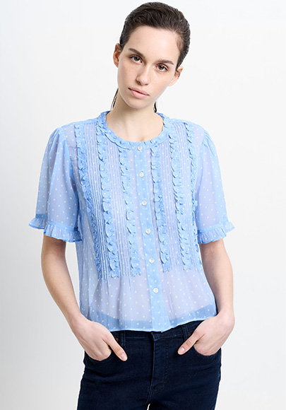 Polka Dot Short Sleeve Ruffle Blouse