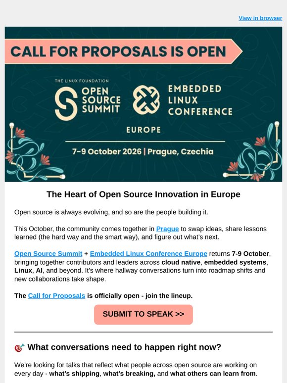 Take the Stage in Prague at Open Source Summit  + ELC Europe 2026