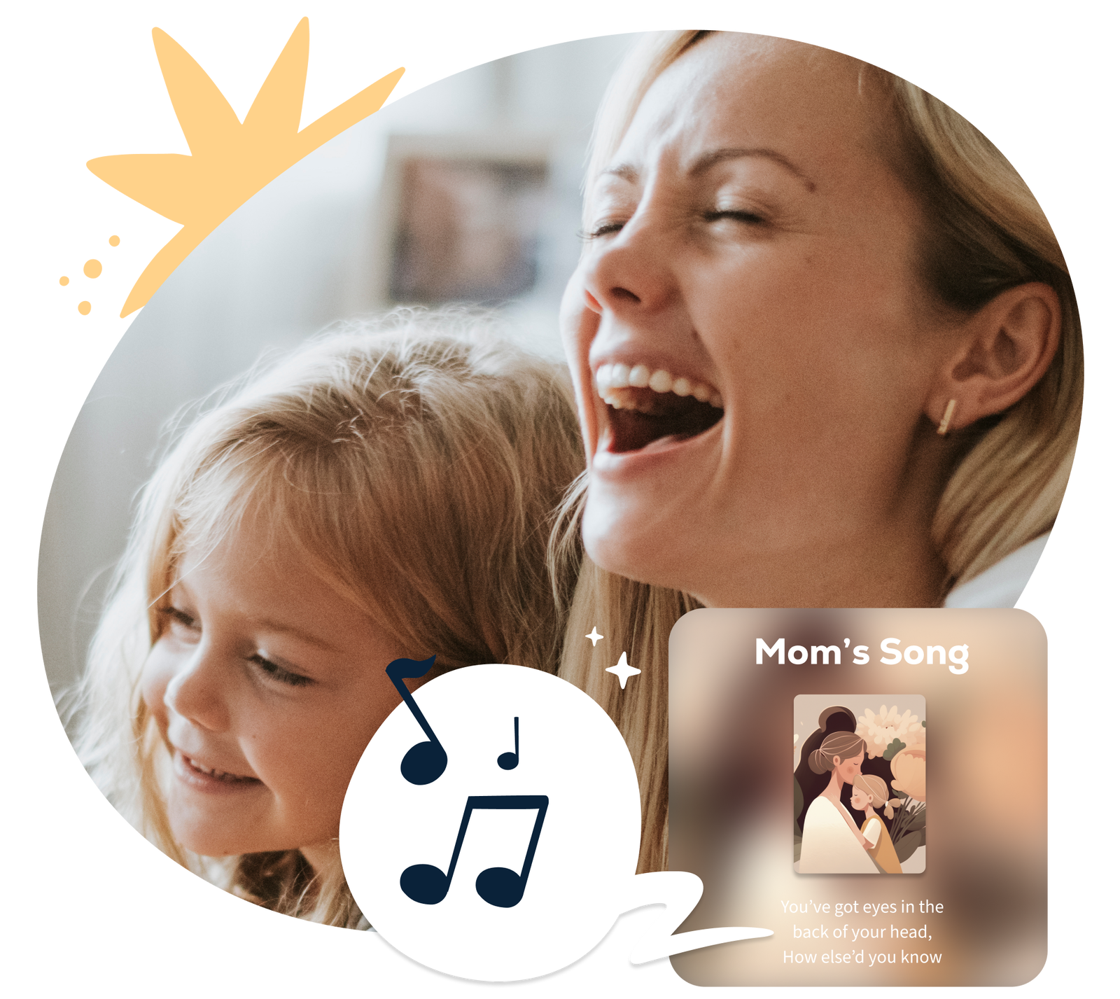 A joyful mother and daughter smiling together, with music notes and a preview of a custom song titled “Mom’s Song,” featuring lyrics and an illustration of a mother holding a child.