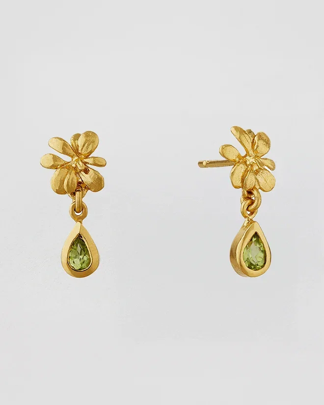Small Rosette Peridot Hanging Teardrop Earrings