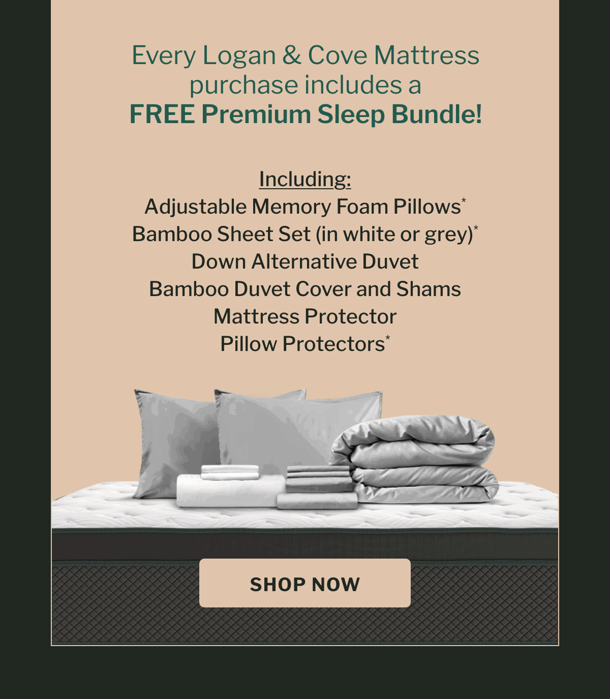 Every purchase of a Logan & Cove mattress includes a FREE Premium Sleep Bundle