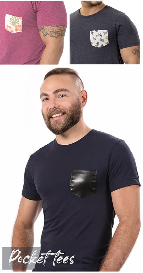 Close-up of a maroon t-shirt with a floral pocket and a tattoo that reads "HOLDS US TOGETHER."