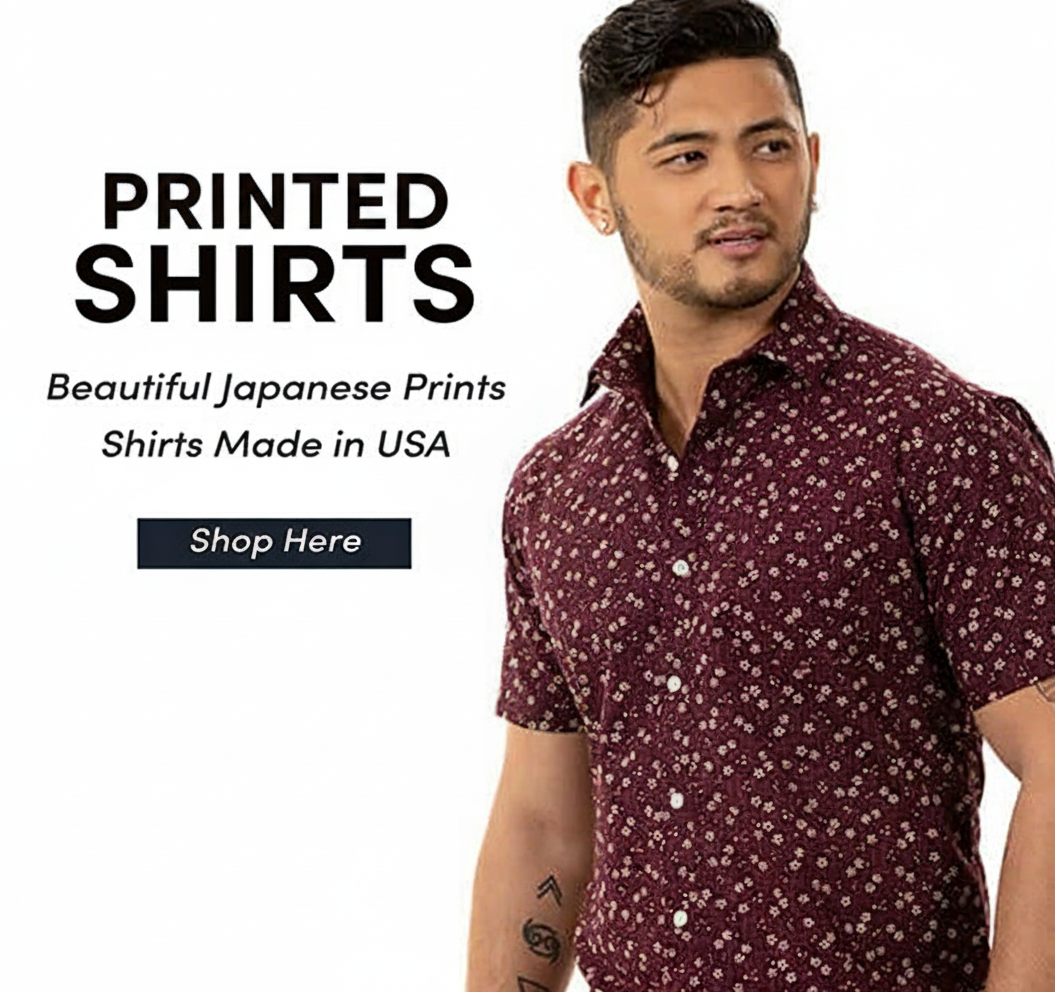 Man wearing a printed shirt with text "Printed Shirts" and "Shop Here" button.