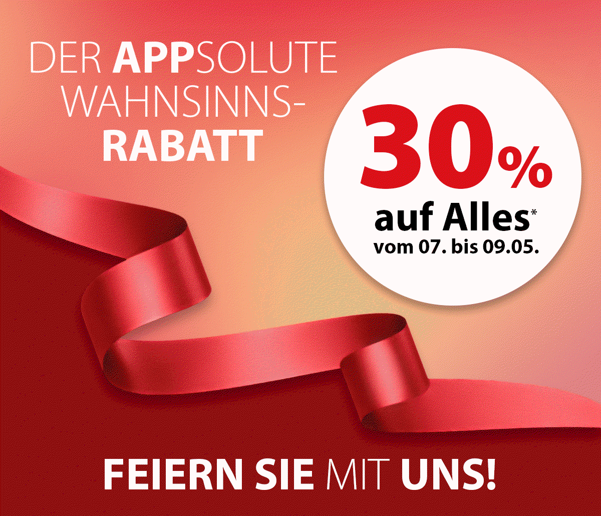 Grafik, rotes und weißes Farbschema, Schriftzug 30 Prozent Rabatt, rotes Band, Vorderansicht
