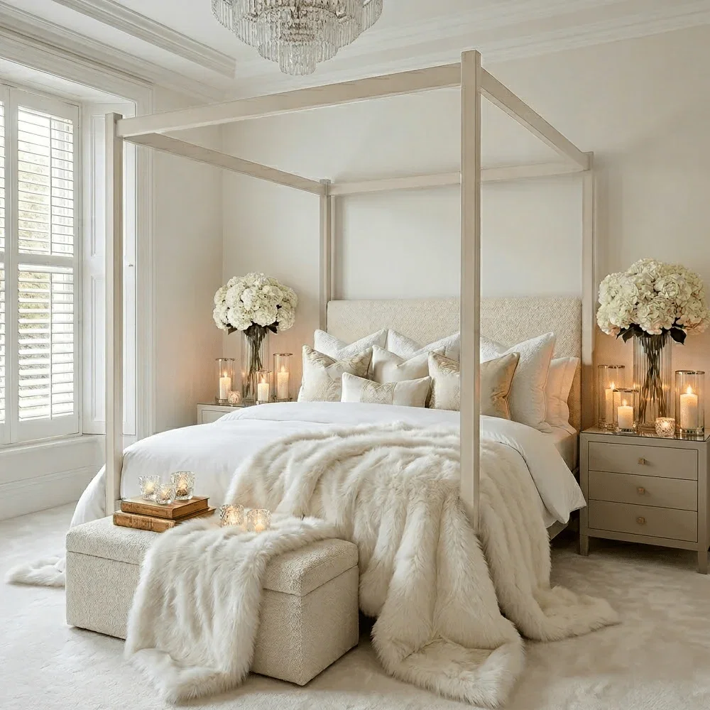 Eden Cream 4 Poster Wooden Bed with Cream Velvet Headboard