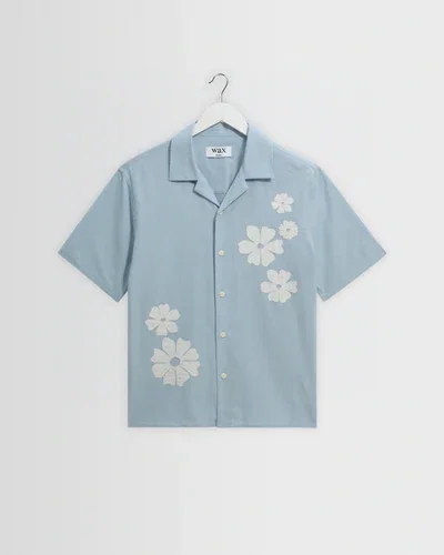 Didcot - Blue And Ecru Floral Applique Short-Sleeve Shirt