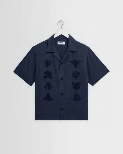 Curzon - Navy Grid Applique Short-Sleeve Shirt