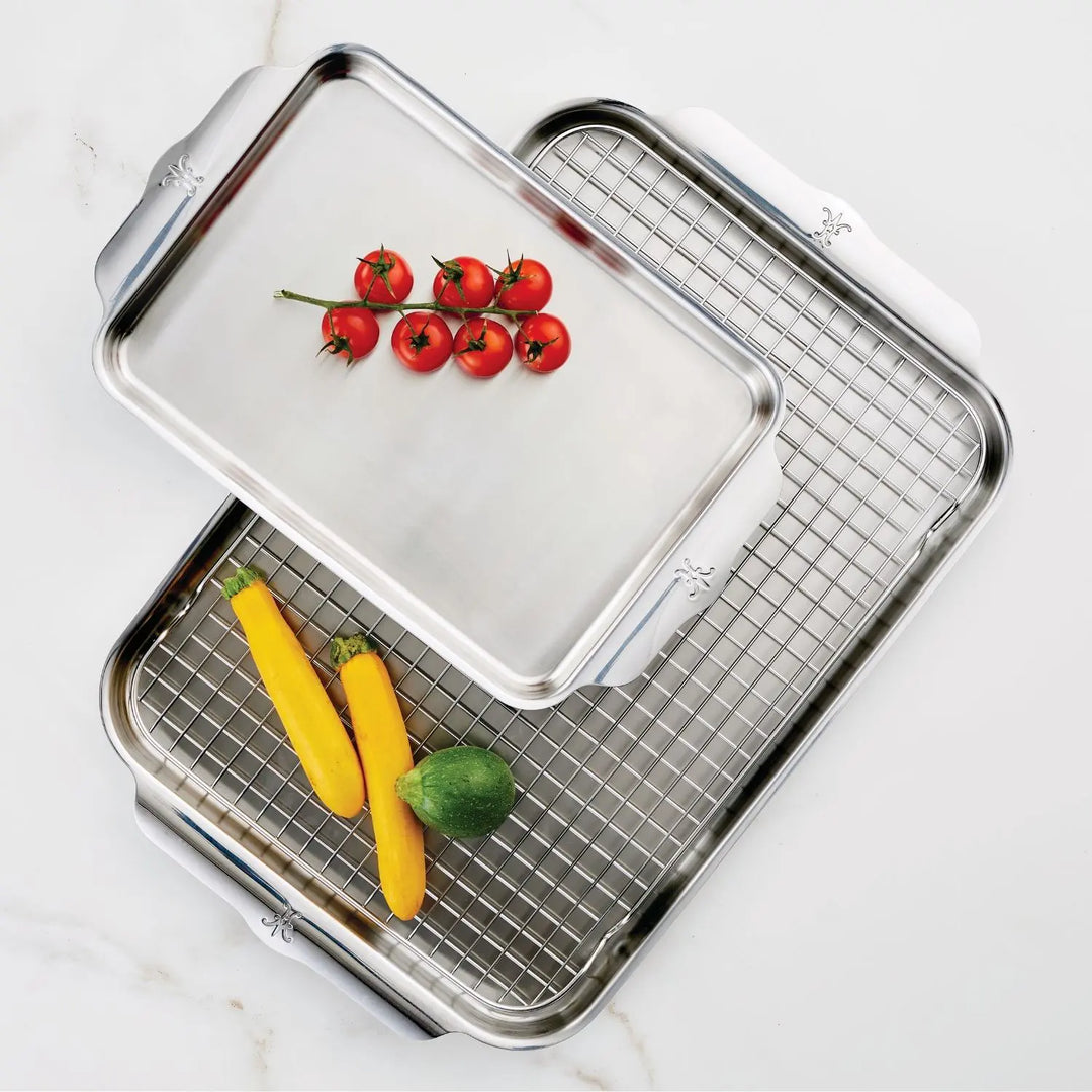IMG: OvenBond Tri-ply half Sheet Pan with Rack + Quarter sheet pan on marble countertop