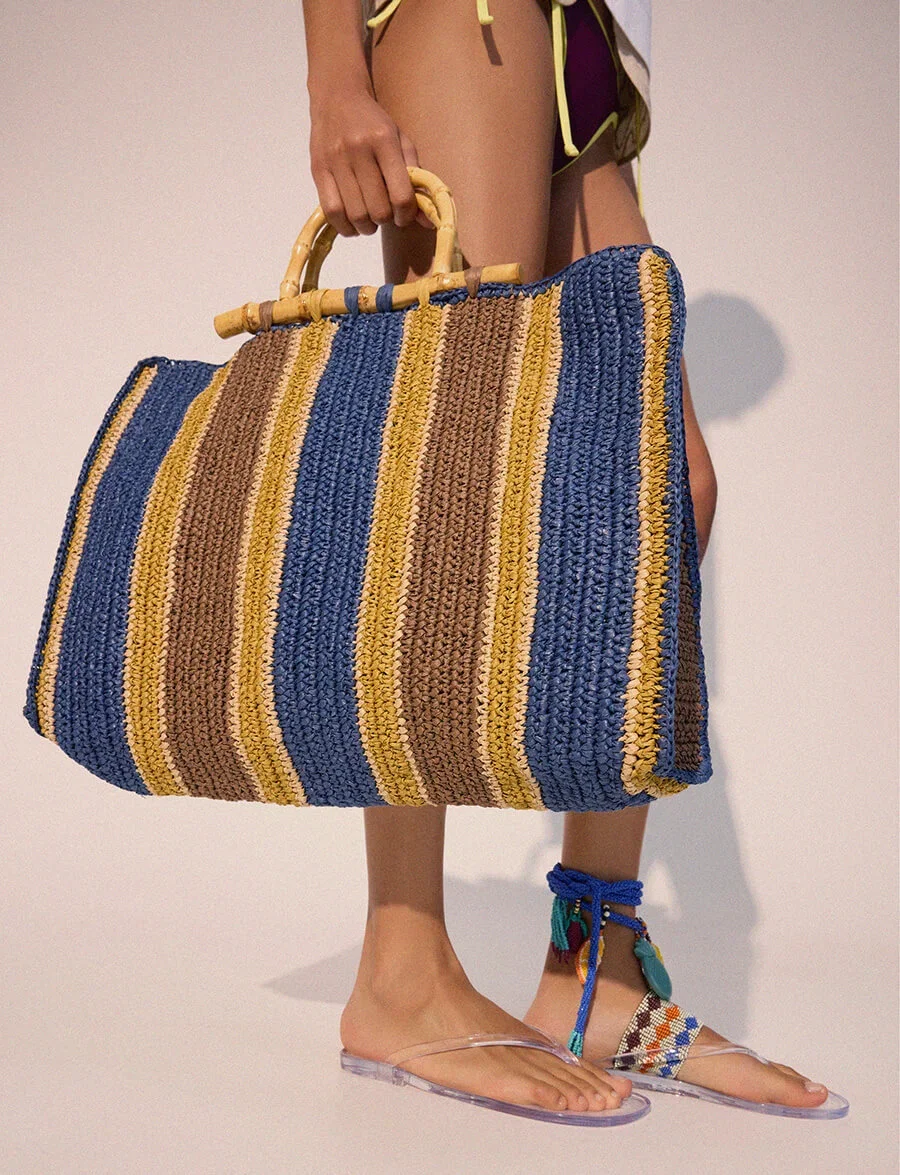 Shopper bag with paper straw effect stripes with bamboo