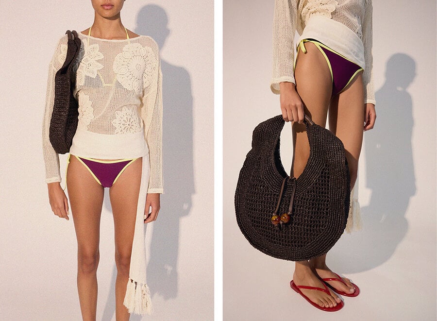 Handbag rounded with paper straw effect L