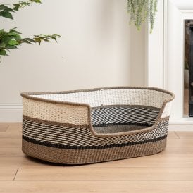 78cm Woven Wicker Cat / Dog Pet Bed Grey White Black Stripe with Mat - Large