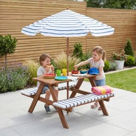 Kids Wooden Picnic Table with Umbrella & Seat Pads 75cm Natural Wood Outdoor Children's Dining Bench 