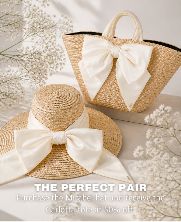 Matching straw hat and straw bag with pink bow on model 