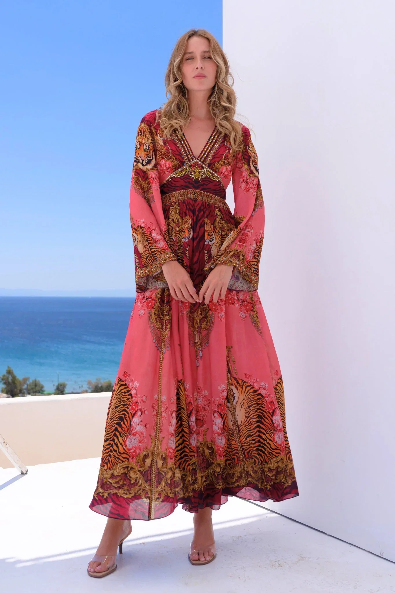 Image of Pink Tigress Maxi Dress w Flare Sleeves
