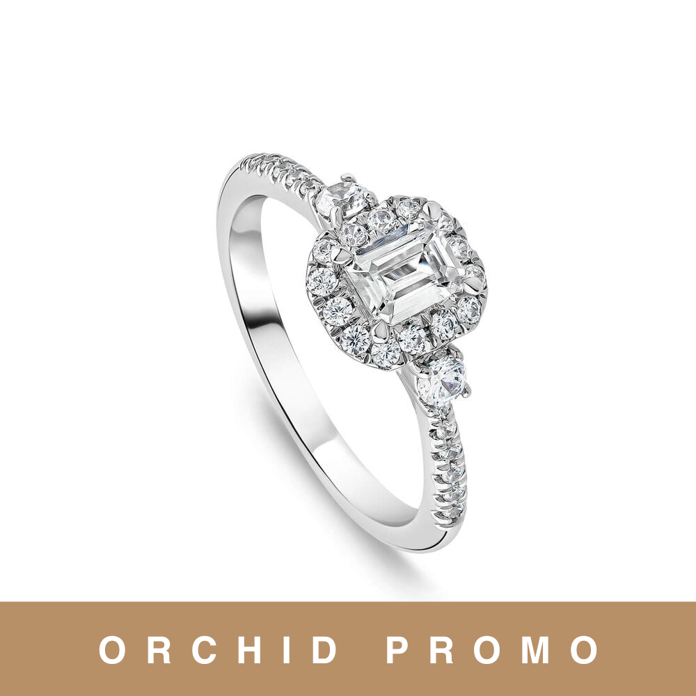Orchid Setting 18ct White Gold 0.75ct Emerald Cut Halo Sides Diamond Shoulders Engagement Ring