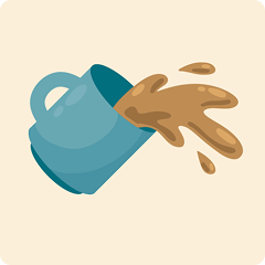 Blue coffee mug tipped over with coffee spilling out.