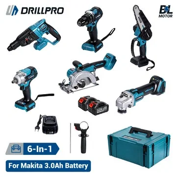Drillpro 6-in-1 Power Tool Combo Kit 3.0Ah Brushless Electric Wrench Impact Drill Angle Grinder Circular Saw Hammer Chainsaw for 18V Battery Cordless Professional Workshop Set with Storage Box and Charger