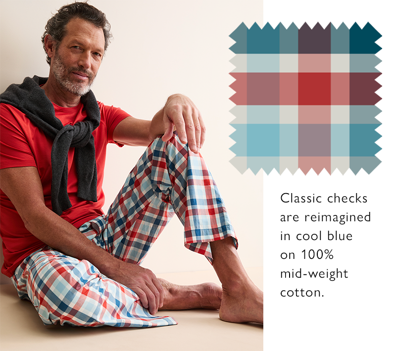 Men's Cotton Lounger Trousers in Teal & Red Check