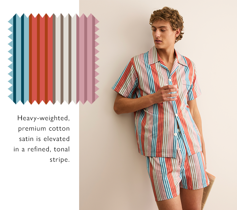 Men's Short Cotton Satin Pyjamas In Multi Stripe