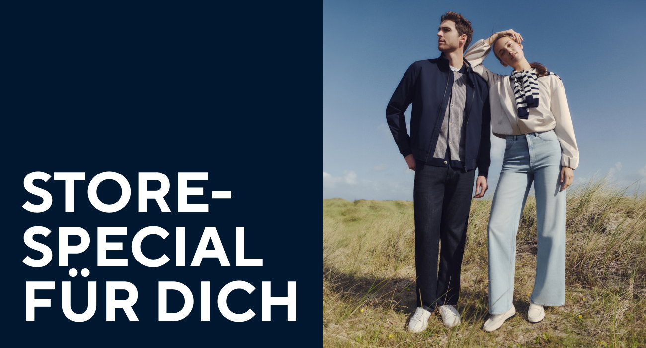 Auf der linken Seite steht in großen weißen Buchstaben auf dunkelblauem Hintergrund der Text „Store‑Special für Dich“. Rechts daneben ist Bild der neuesten Kollektion von Tom Tailor.