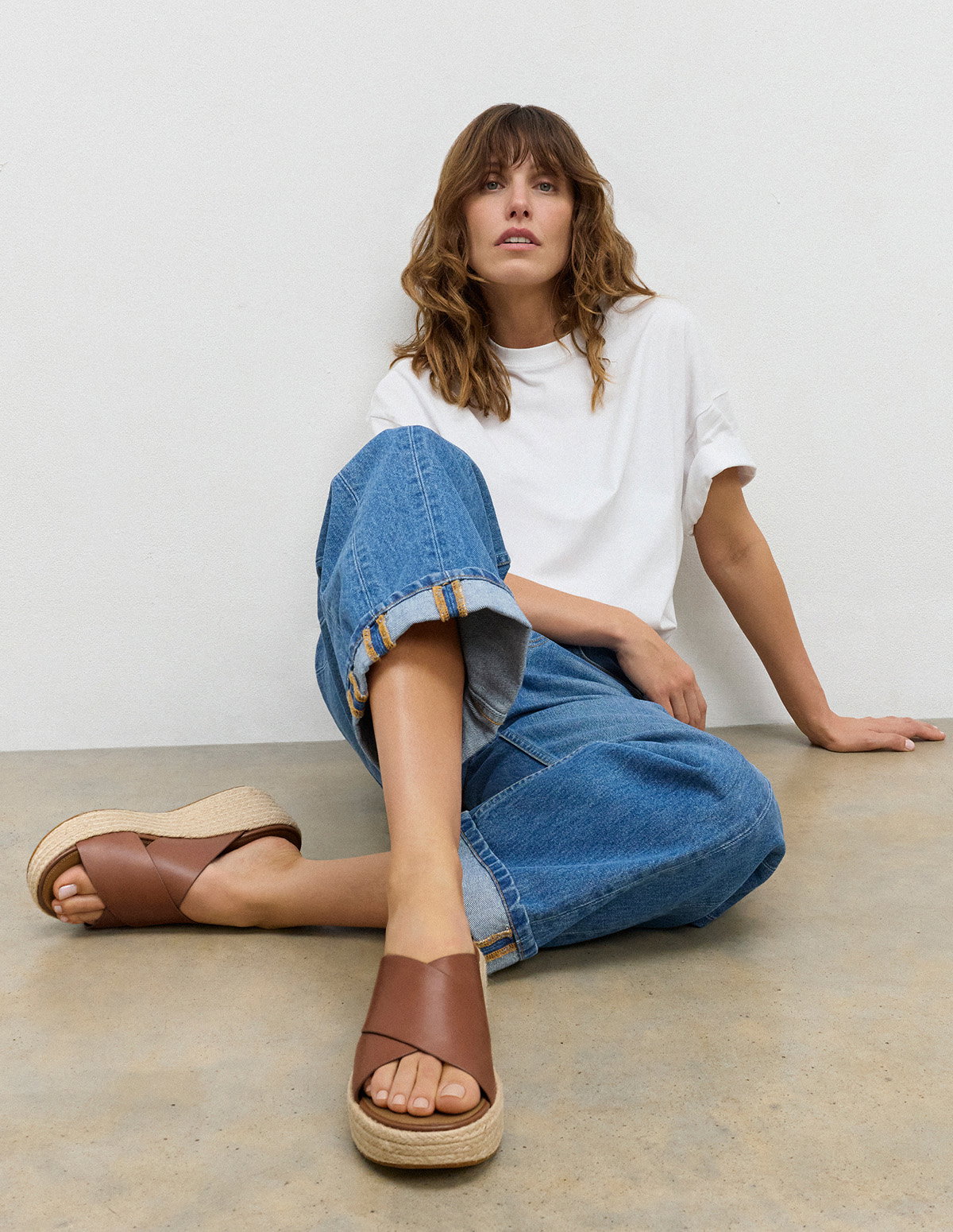 PLATFFORMS Espadrille Leather Wedge Cross Slides Deep Tan