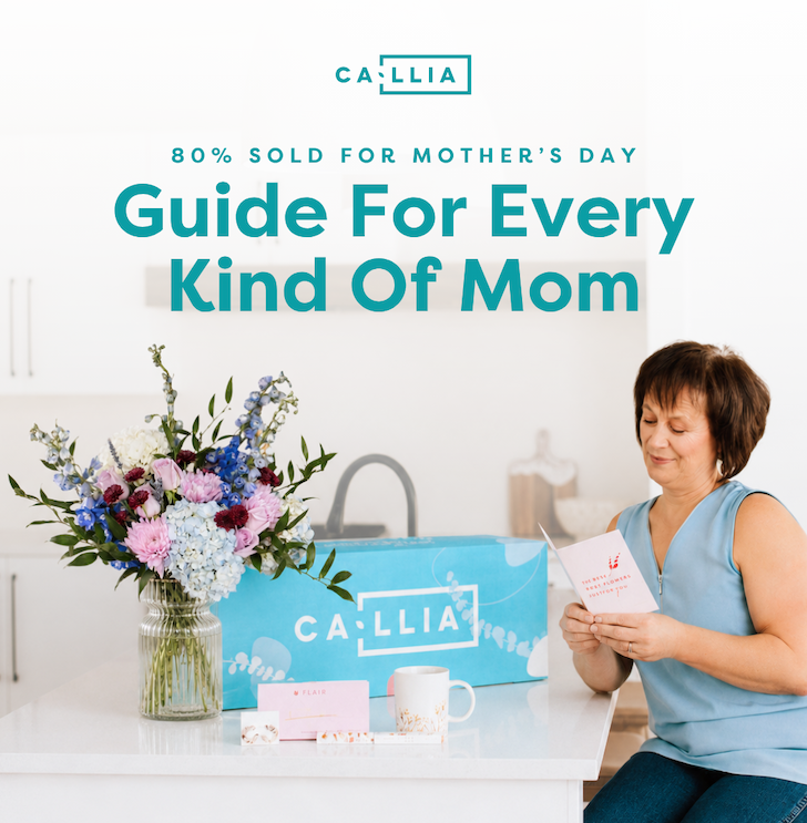 Women with Callia's Treasured bouquet and delivery box on the kitchen counter