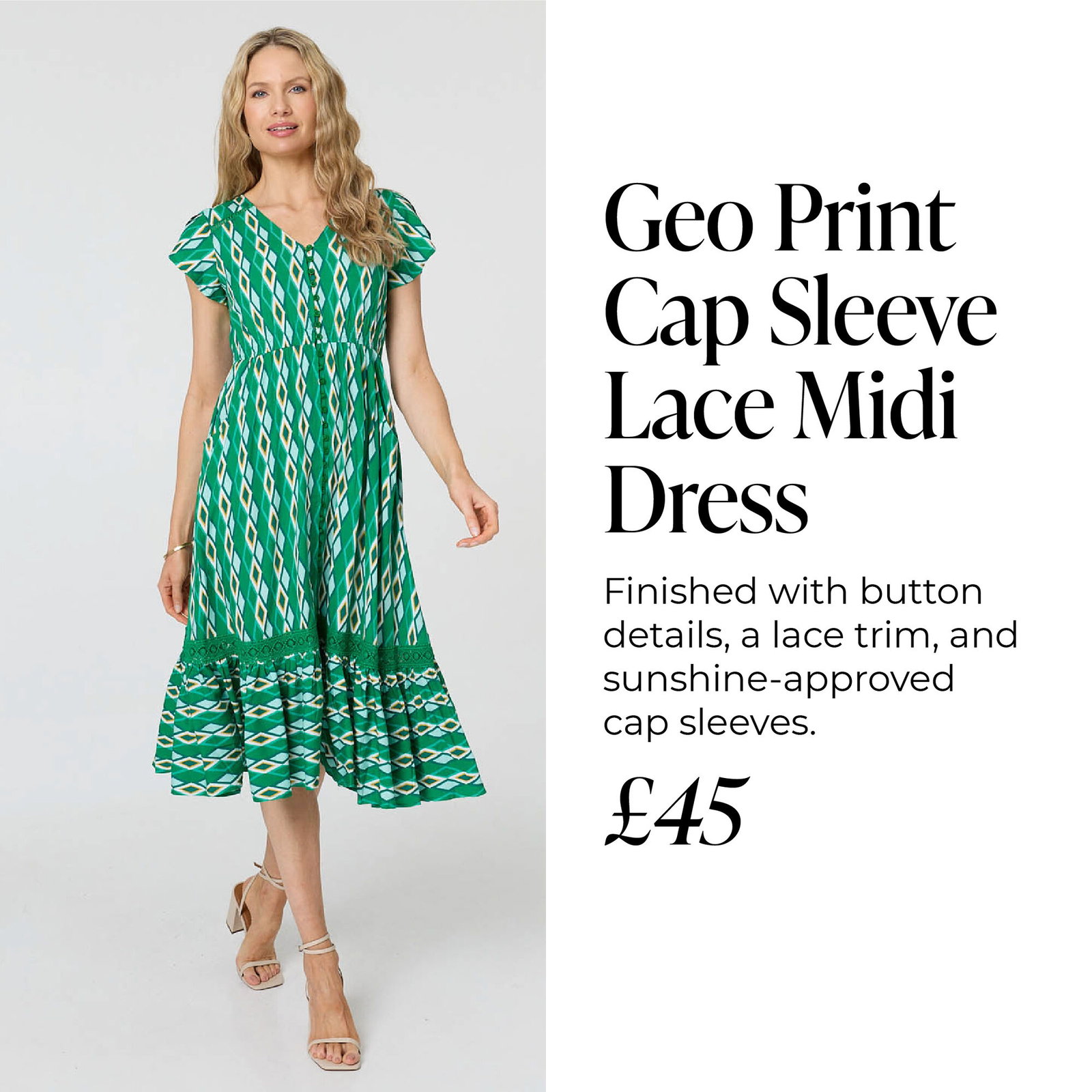 Geo Print Cap Sleeve Lace Midi Dress | Shop Now