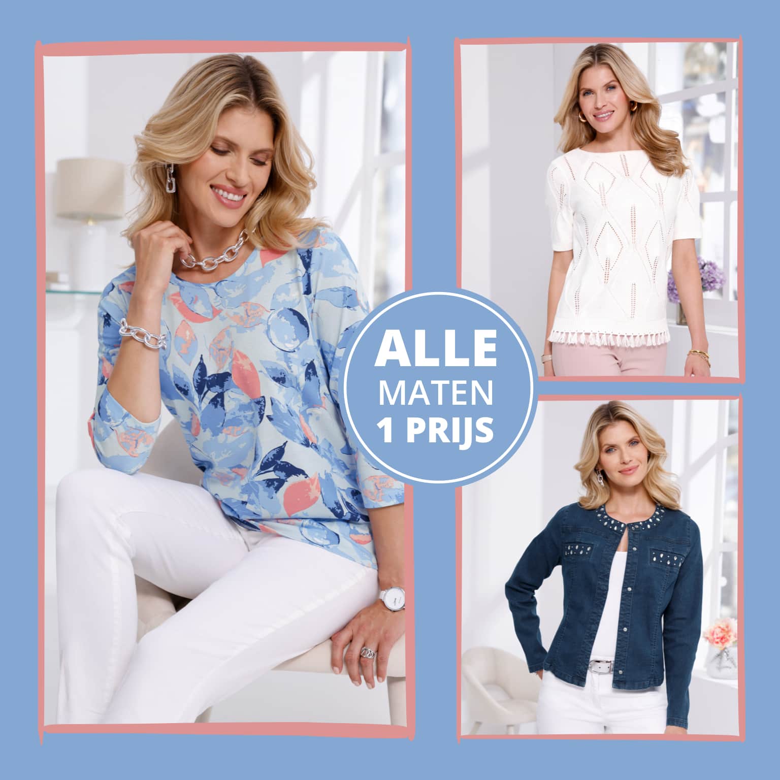 ě modrou džínovou bundou a bílým tričkem. [NL]: Drie afbeeldingen: links een model met een lichtblauw, bedrukt 3/4-mouw shirt en witte broek, rechts boven een model met een wit, kort mouw shirt met franjes aan de zoom, rechts onder een model met een donkerblauwe spijkerjack en wit shirt.