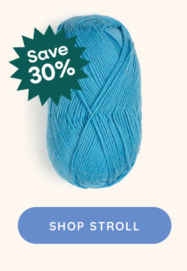 Image: A skein of blue yarn. Text: Save 20%. Shop Stroll >>