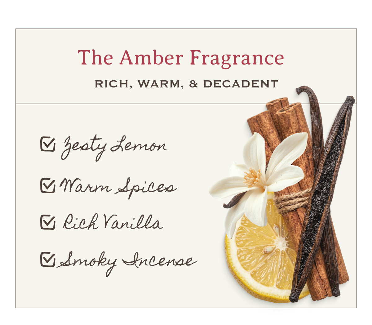 The Amber Fragrance | Rich, Warm, & Decadent | -Zesty Lemon -Warm Spices -Rich Vanilla -Smoky Incense