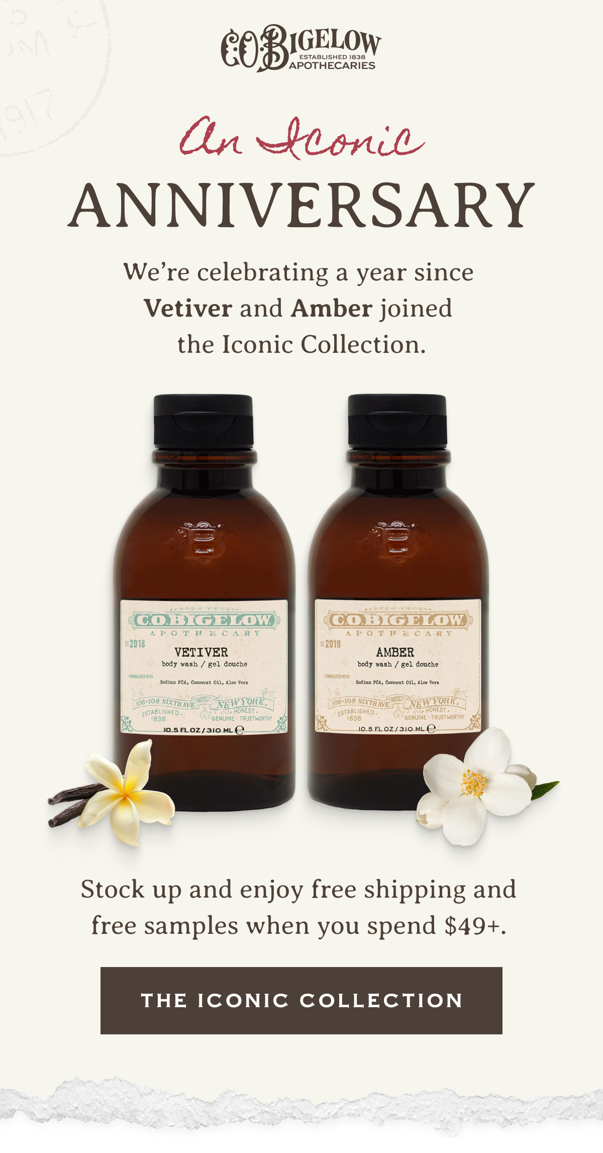 An Iconic Anniversary | We’re celebrating a year since Vetiver and Amber joined the Iconic Collection. | Stock up and enjoy free shipping and free samples when you spend $49+. | THE ICONIC COLLECTION  