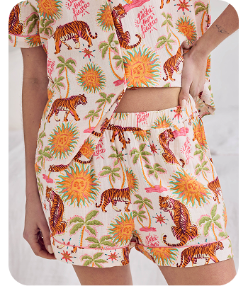 Organic Cotton Cheesecloth Siesta Tiger Print Short Button Up Pyjama Set