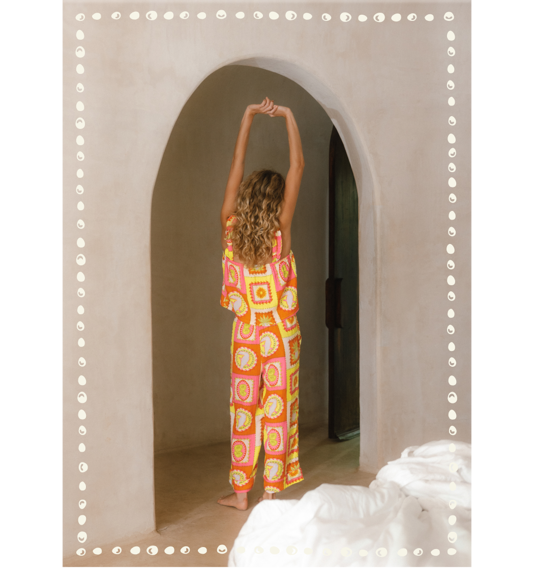 Organic Cotton Cheesecloth Tropical Patchwork Print Frill Cami Long Pyjama Set