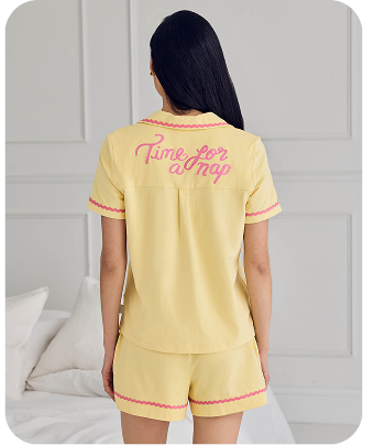 Organic Cotton Embroidered Back Time For A Nap Short Pyjama Set - Yellow