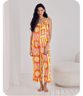 Organic Cotton Cheesecloth Tropical Patchwork Print Frill Cami Long Pyjama Set