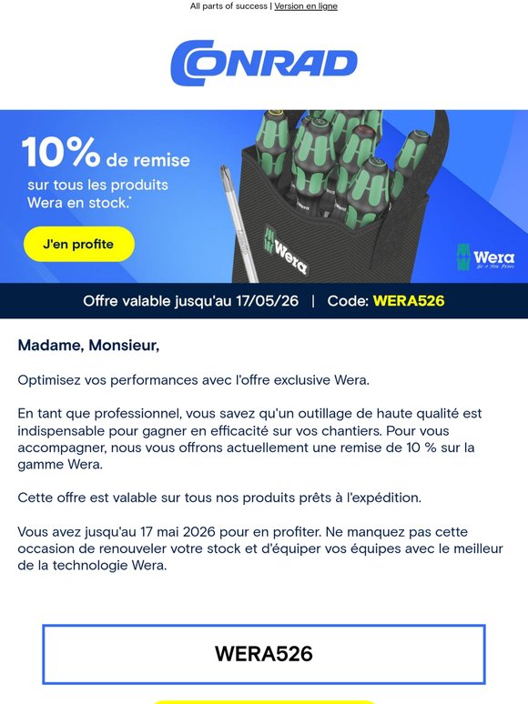 Promotion Exclusive Wera : -10% sur l'excellence technique.