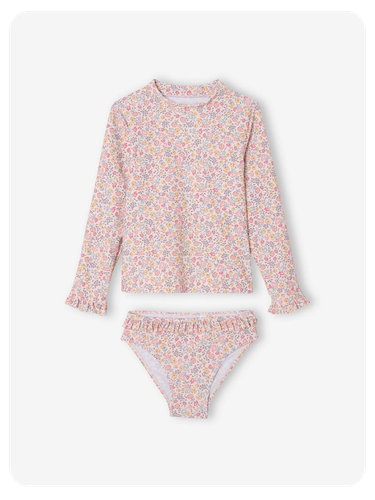 Mädchen-Set mit UV-Schutz: Badeshirt & Bikinihose mit Rüschen - hellrosa