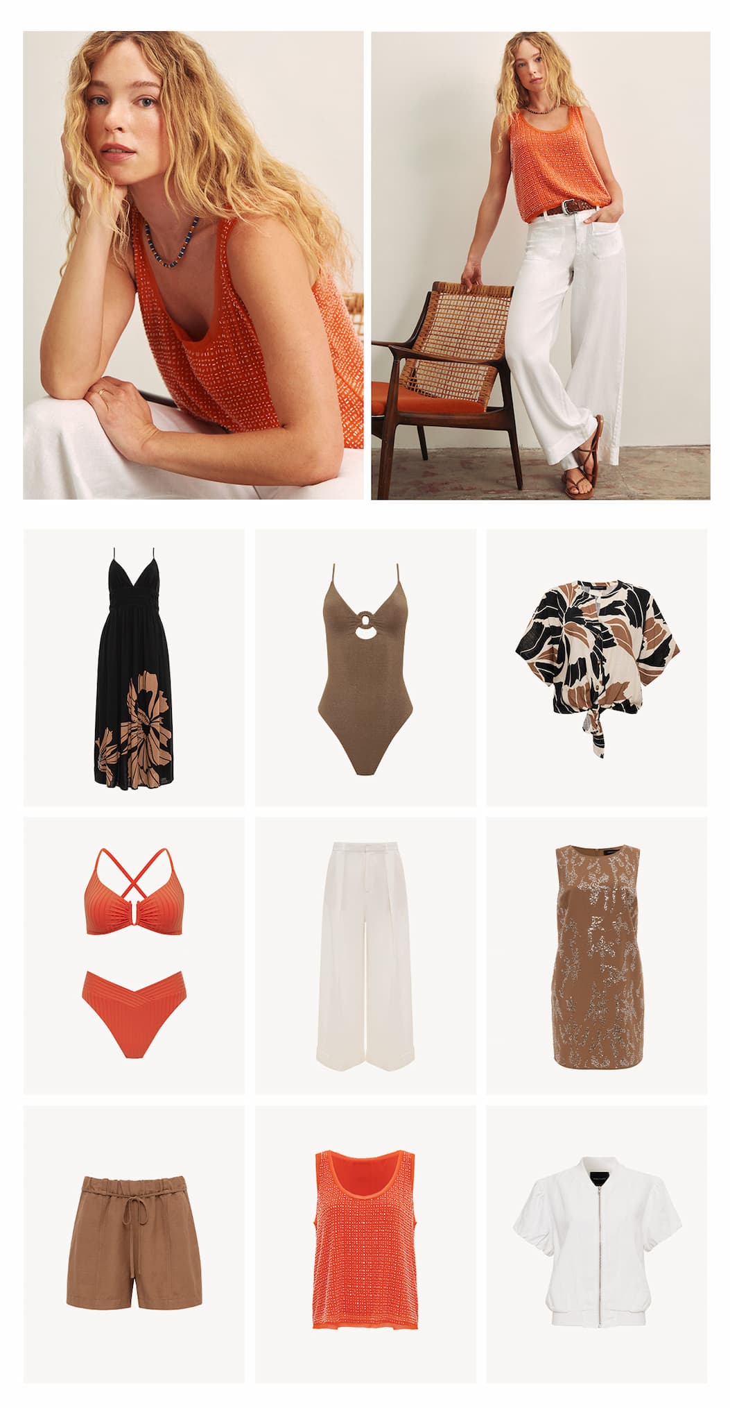 A woman models a sleeveless orange knit top with white wide-leg pants. Below are twelve women's clothing items, including dresses, tops, shorts, pants, and swimsuits in neutral and earthy tones.