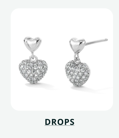 Silver heart shaped earrings with small heart & larger  pavé diamond heart dangling. Click here to shop drops