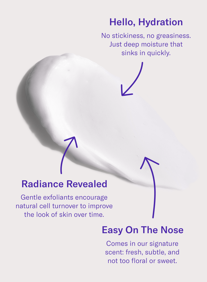 Hello, Hydration No stickiness, no greasiness. Just deep moisture that sinks in quickly. Radiance Revealed Gentle exfoliants encourage natural cell turnover to improve the look of skin over time. Easy On The Nose Comes in our signature scent: fresh, subtle, and not too floral or sweet. 