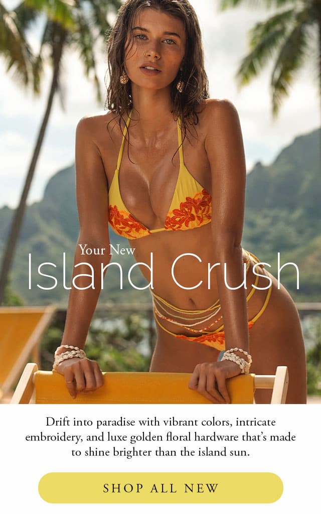 Model wearing a bright orange bikini. Shop new