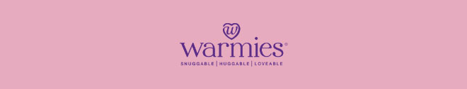 Warmies logo on pink. Shop Warmies.