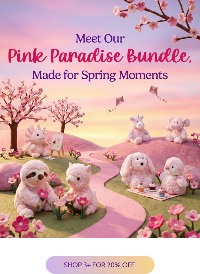 Pink Paradise Warmies Bundle on a nature spring background. Shop Now.