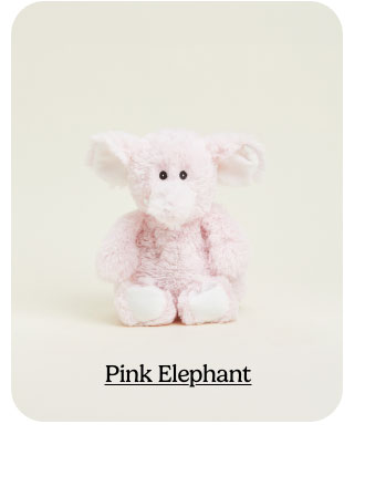 Pink Elephant Warmies on a beige background. Shop Heat Pads.