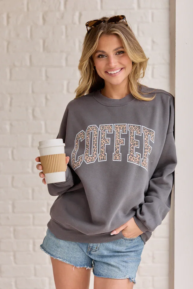 Image of Coffee Leopard Print Dark Grey Graphic Sweatshirt