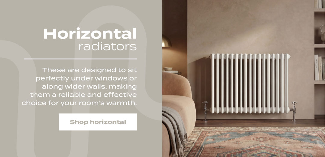 Promotional banner for horizontal radiators featuring a white column radiator in a warm bedroom setting beside text describing their suitability for under windows and wider walls, with a ‘Shop horizontal’ button.
