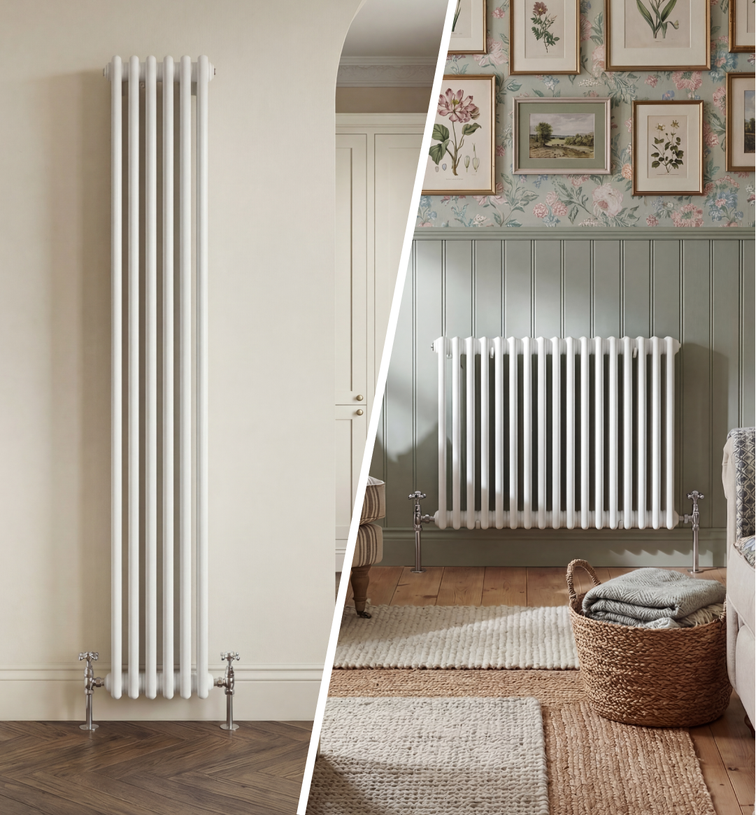 Side-by-side comparison of white vertical and horizontal column radiators styled in cosy interiors. The left image shows a tall vertical radiator against a neutral wall with wooden flooring, while the right image features a horizontal radiator beneath floral wallpaper and framed botanical prints.