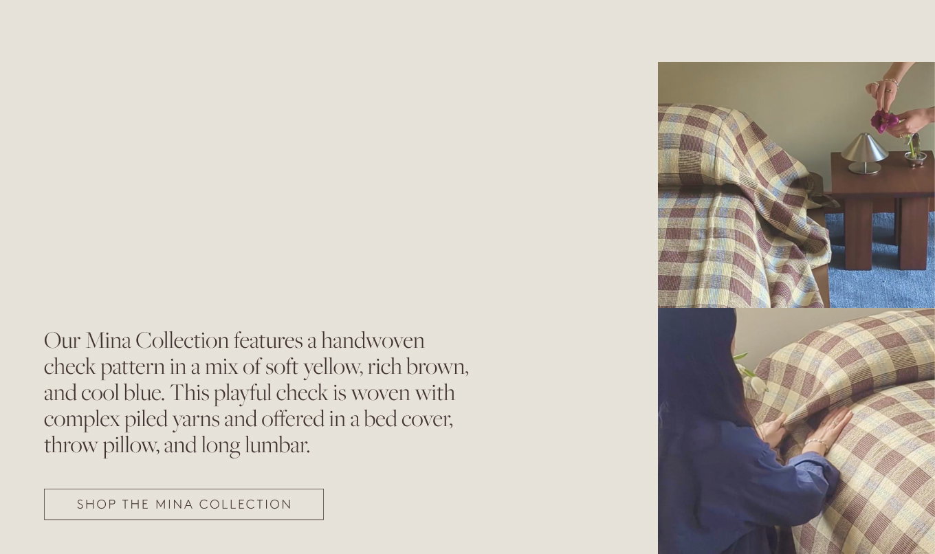 Two photos of a person styling a bedroom with a brown check quilt